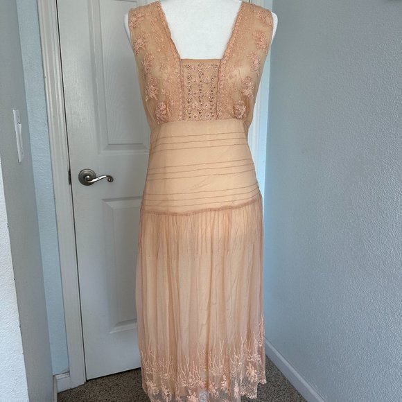 Anthropologie Odille Peach Spring Summer Dress 6 Lace Beaded Vintage EUC - Picture 1 of 7